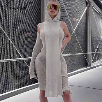 One Sleeve Knit Asymmetric Midi Dresses Skinny Ribbed Hooded Streetwear Baddie Clothes